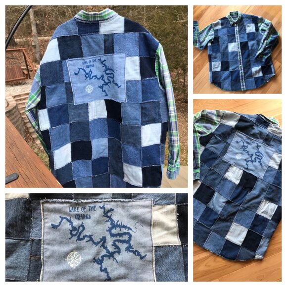 Upcycled Patchwork Jean Jacket, Men's XL: Lake of the Ozarks Denim Patch Shirt - Picture 14 of 14